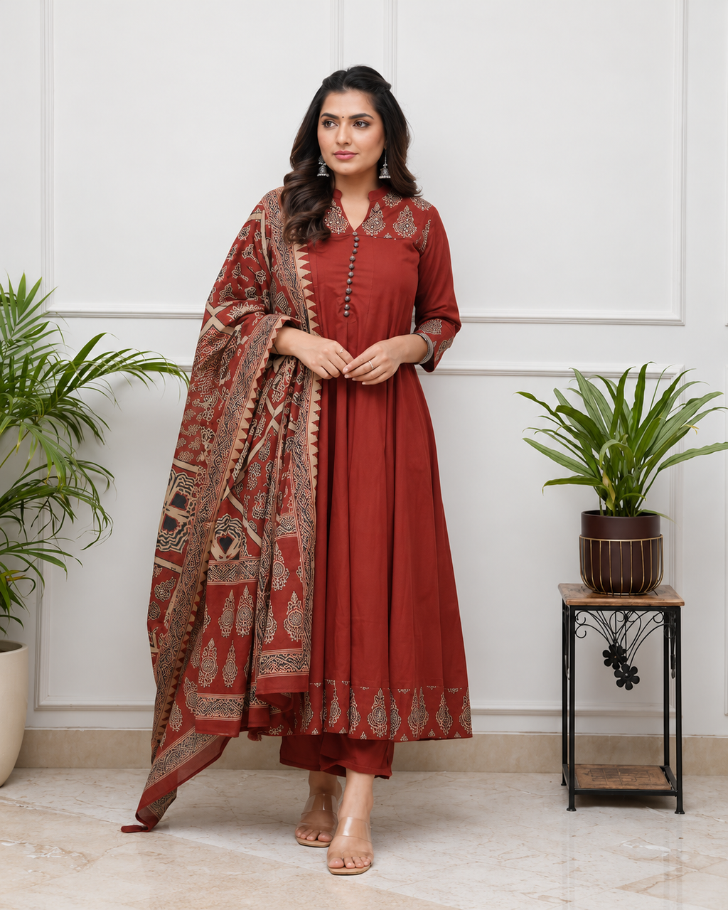 MIYAMI Maroon Printed Anarkali Kurta Set