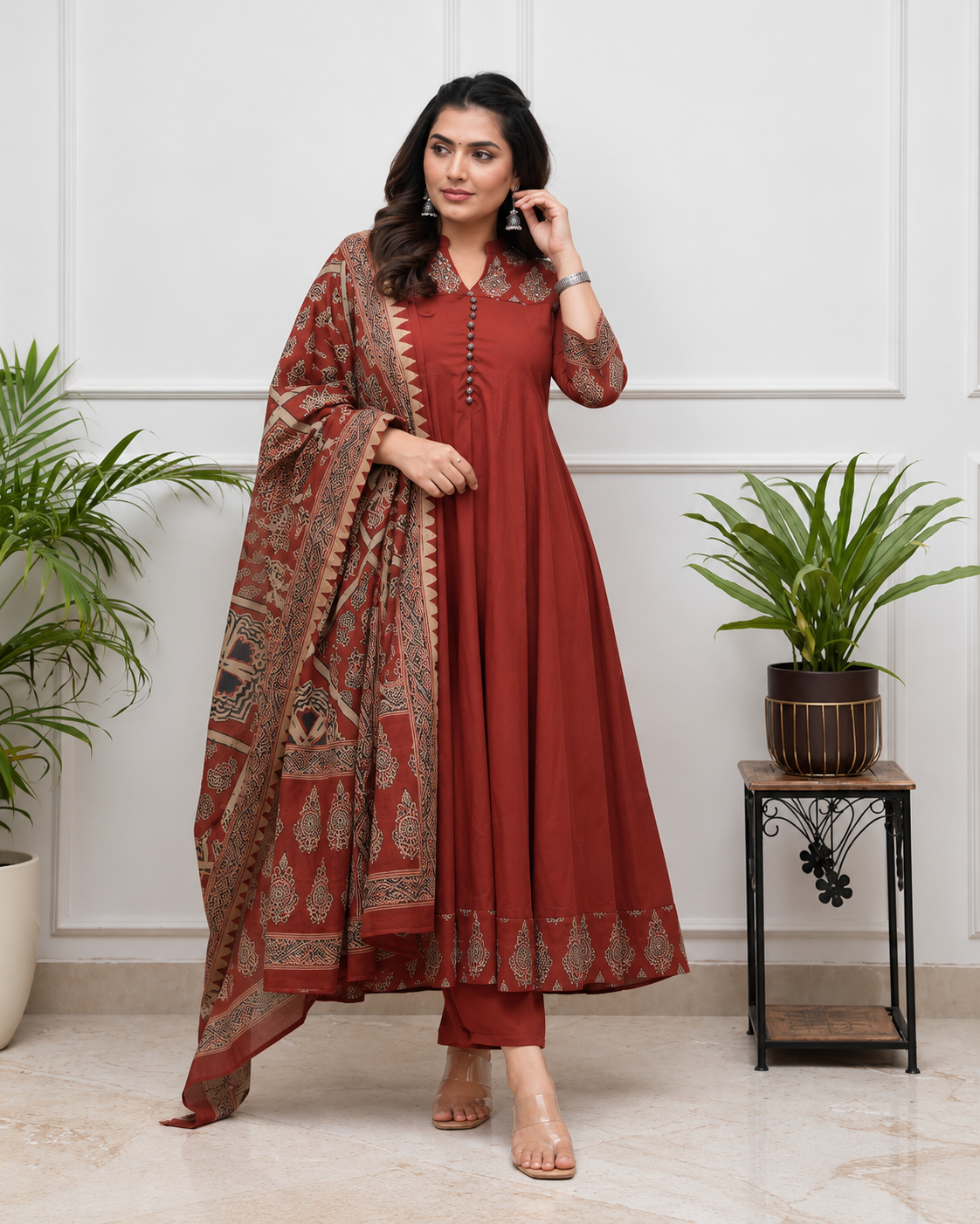 MIYAMI Maroon Printed Anarkali Kurta Set