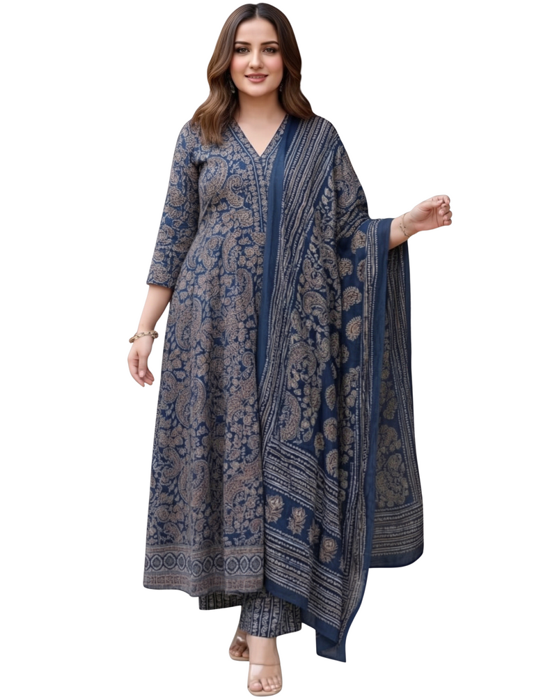 Miyami blue paisley floral printed straight kurta palazzo set