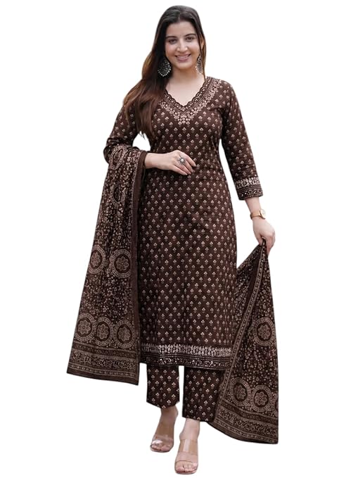 Miyami Viscose Printed Kurta With Pant And Dupatta for Women | Straight Kurti Set for Woman | 3/4 Sleeve V-Neck Stylish Kurta Pant Dupatta Ethnic Outfit Party Wedding
