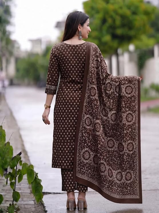 Miyami Viscose Printed Kurta With Pant And Dupatta for Women | Straight Kurti Set for Woman | 3/4 Sleeve V-Neck Stylish Kurta Pant Dupatta Ethnic Outfit Party Wedding
