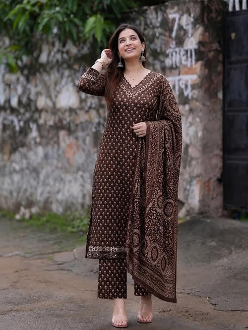 Miyami Viscose Printed Kurta With Pant And Dupatta for Women | Straight Kurti Set for Woman | 3/4 Sleeve V-Neck Stylish Kurta Pant Dupatta Ethnic Outfit Party Wedding
