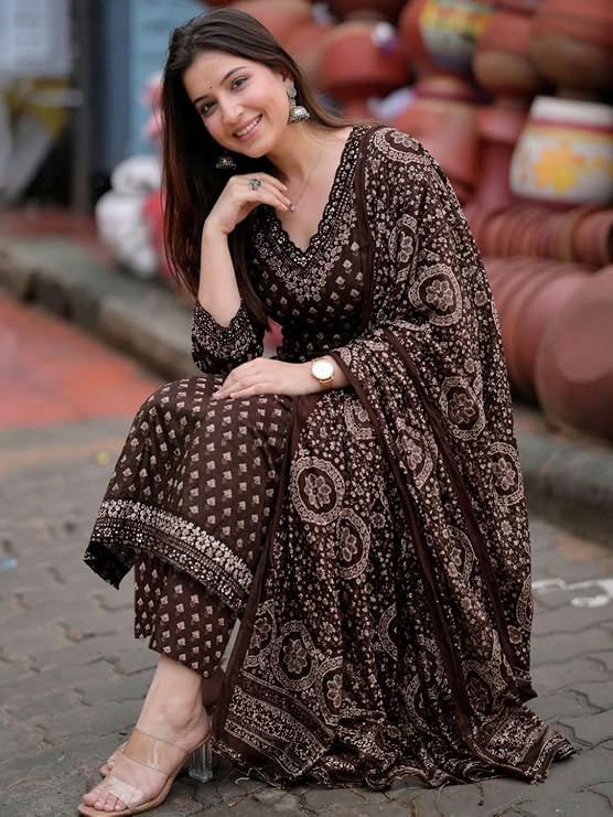 Miyami Viscose Printed Kurta With Pant And Dupatta for Women | Straight Kurti Set for Woman | 3/4 Sleeve V-Neck Stylish Kurta Pant Dupatta Ethnic Outfit Party Wedding