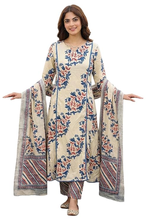 Miyami Kurta Sets for Women Viscose Printed | Kurti Set for Woman | A-Line Kurta Pant Dupatta Set | 3 Piece Set Women | V Slit Round-Neck 3/4 Sleeve Regular Fit Stylish Ethnic Outfit Clothing
