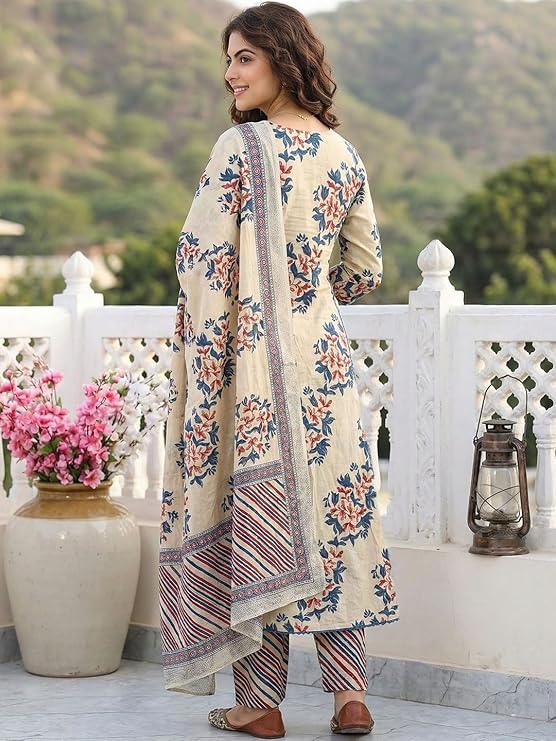 Miyami Kurta Sets for Women Viscose Printed | Kurti Set for Woman | A-Line Kurta Pant Dupatta Set | 3 Piece Set Women | V Slit Round-Neck 3/4 Sleeve Regular Fit Stylish Ethnic Outfit Clothing