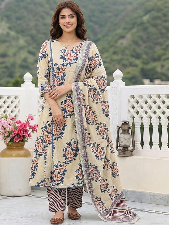Miyami Kurta Sets for Women Viscose Printed | Kurti Set for Woman | A-Line Kurta Pant Dupatta Set | 3 Piece Set Women | V Slit Round-Neck 3/4 Sleeve Regular Fit Stylish Ethnic Outfit Clothing