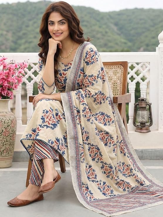 Miyami Kurta Sets for Women Viscose Printed | Kurti Set for Woman | A-Line Kurta Pant Dupatta Set | 3 Piece Set Women | V Slit Round-Neck 3/4 Sleeve Regular Fit Stylish Ethnic Outfit Clothing