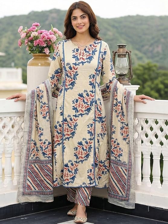 Miyami Kurta Sets for Women Viscose Printed | Kurti Set for Woman | A-Line Kurta Pant Dupatta Set | 3 Piece Set Women | V Slit Round-Neck 3/4 Sleeve Regular Fit Stylish Ethnic Outfit Clothing
