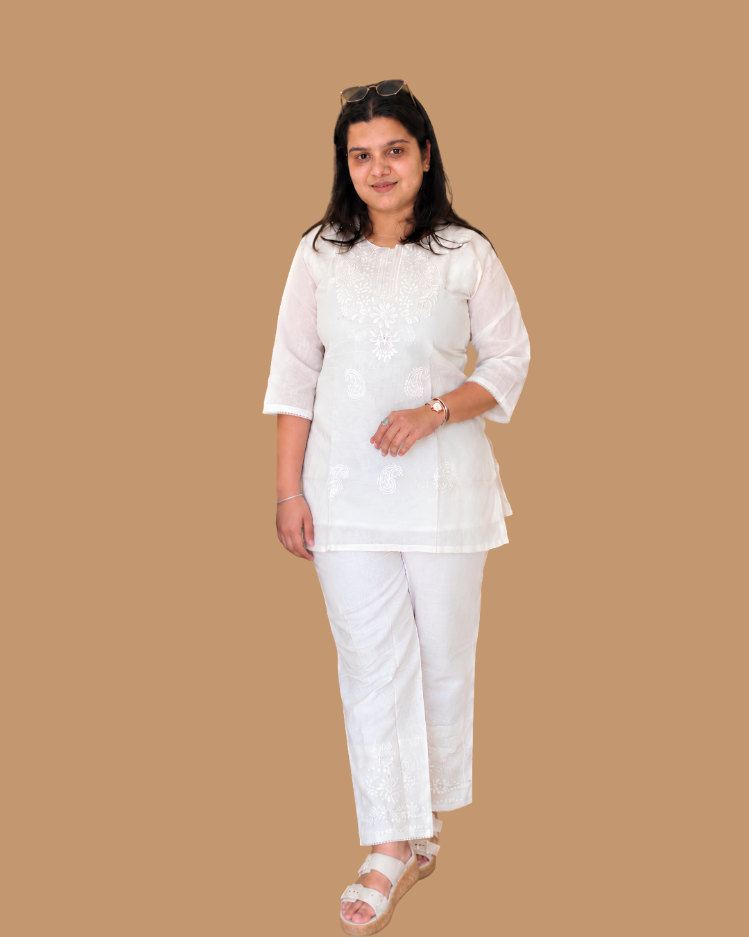 Miyami off-white chikenkari embroidred work co-ord set