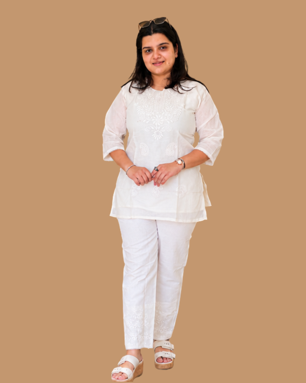 Miyami off-white chikenkari embroidred work co-ord set