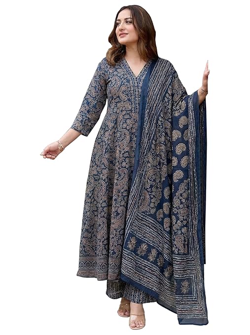 Miyami Viscose Blend Kurta for Women | Kurta with Palazzo & Dupatta | A Line Printed Suit | Indian Ethnic Outfit Office Party Wedding Clothing Fashion Premium Traditional Style Look 3 Piece