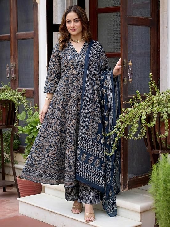 Miyami Viscose Blend Kurta for Women | Kurta with Palazzo & Dupatta | A Line Printed Suit | Indian Ethnic Outfit Office Party Wedding Clothing Fashion Premium Traditional Style Look 3 Piece