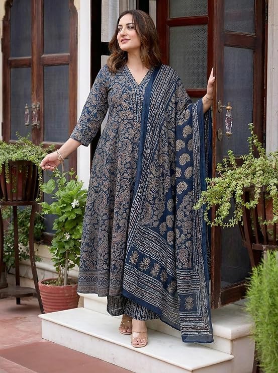 Miyami Viscose Blend Kurta for Women | Kurta with Palazzo & Dupatta | A Line Printed Suit | Indian Ethnic Outfit Office Party Wedding Clothing Fashion Premium Traditional Style Look 3 Piece