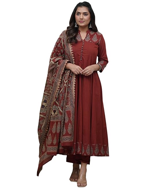 Miyami Women's Rayon Viscose Anarkali Printed Kurta Pant with Dupatta | Anarkali Kurta Set Flared Kurti Pant Set/Ethnic Printed Suit for Women