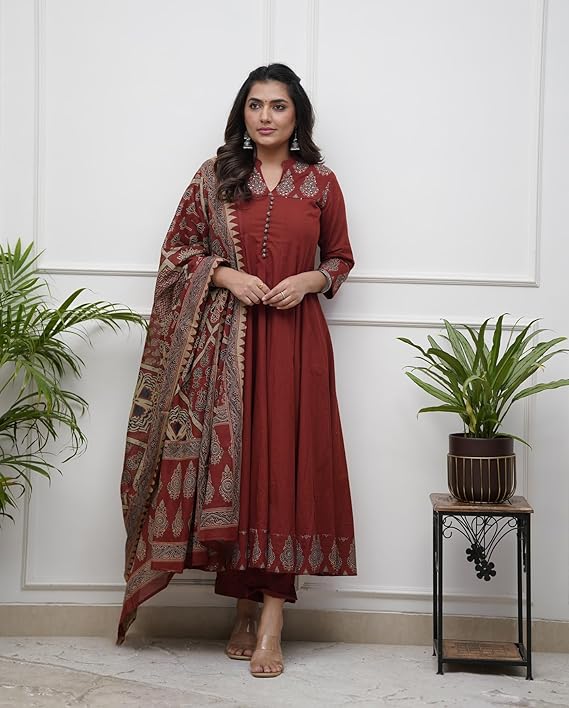 Miyami Women's Rayon Viscose Anarkali Printed Kurta Pant with Dupatta | Anarkali Kurta Set Flared Kurti Pant Set/Ethnic Printed Suit for Women