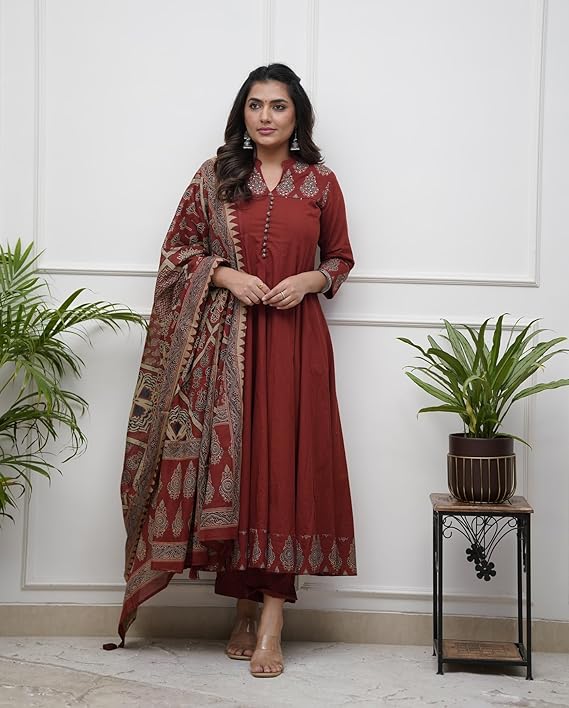 Miyami Women's Rayon Viscose Anarkali Printed Kurta Pant with Dupatta | Anarkali Kurta Set Flared Kurti Pant Set/Ethnic Printed Suit for Women